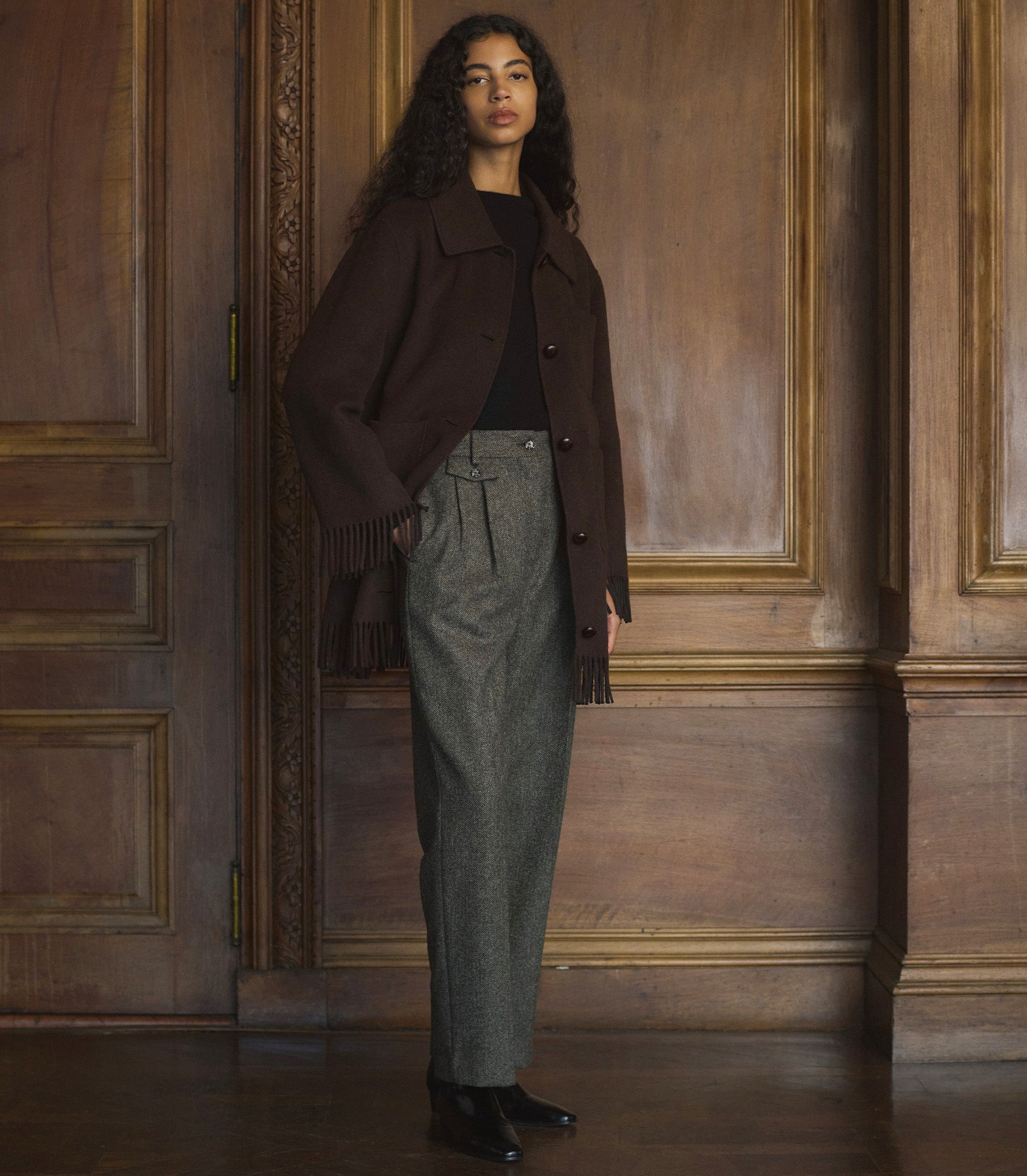 GERMAIN FRINGE COAT -- BITTER CHOCOLATE